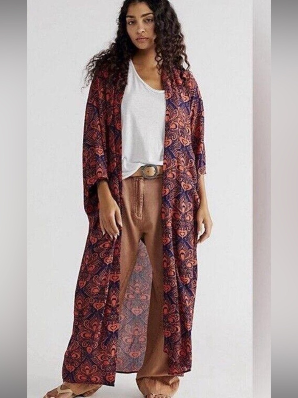 Free People | Riviera Printed Open Duster in Navy Blue & Rust Orange | OS - Picture 5 of 11